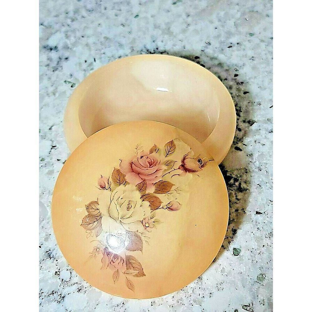Alabaster Trinket Jewelry Box Peach Floral Round W/ Lid ITALY Genuine Vintage